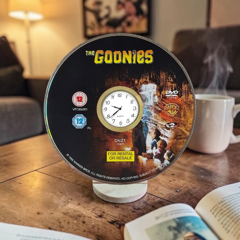 The Goonies Novelty Desktop DVD Clock With Fixed Gold Insert
