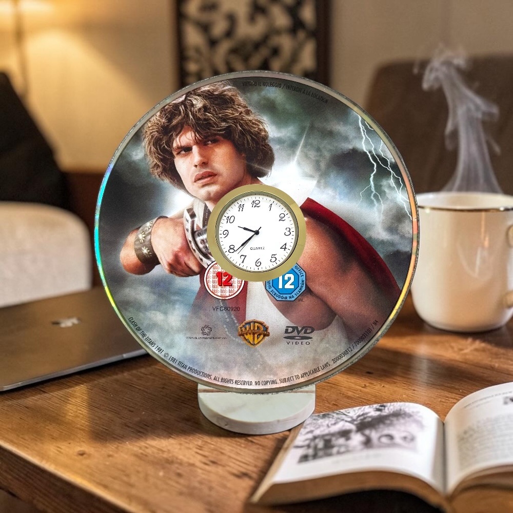 Clash Of The Titians Novelty Desktop DVD Clock With Fixed Gold Insert