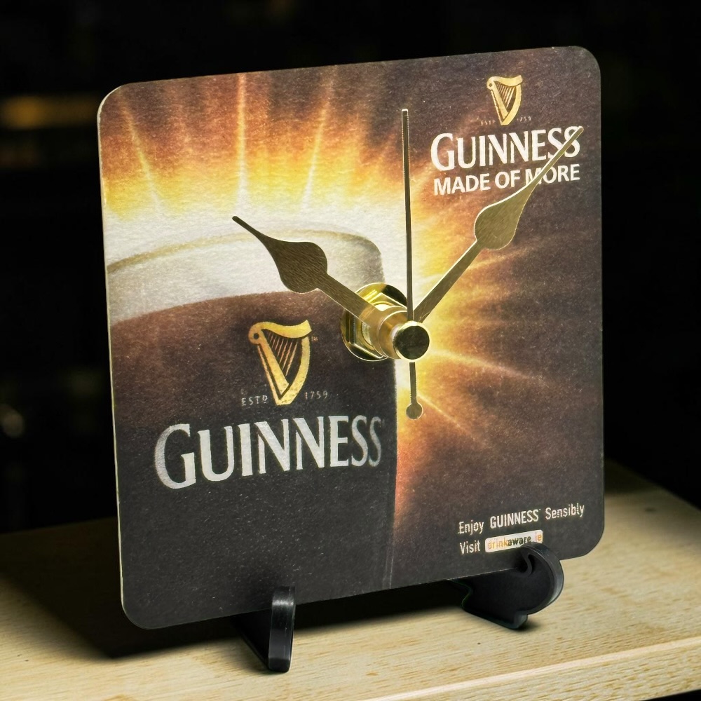 Upcycled Novelty Guinness Beer Mat Clock With Display Stand – Design 25