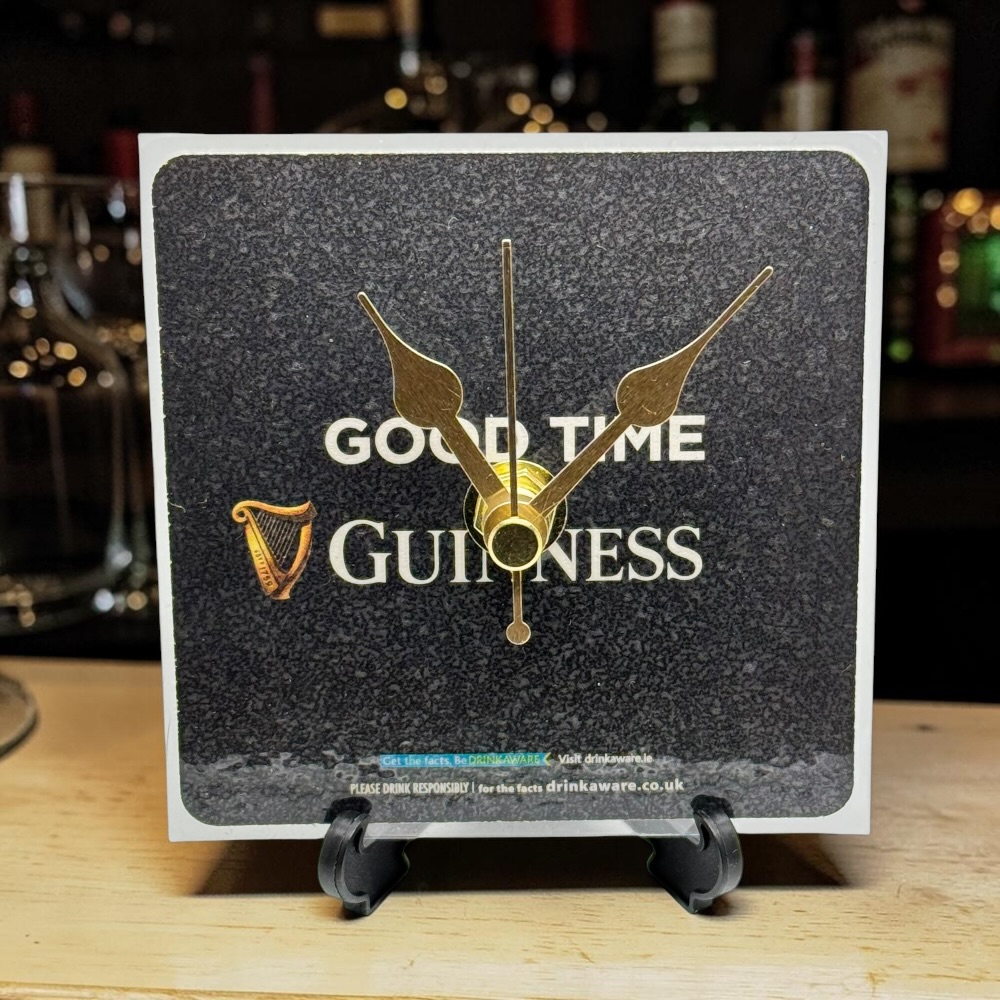 Upcycled Novelty Guinness Beer Mat Clock With Display Stand – Design 29