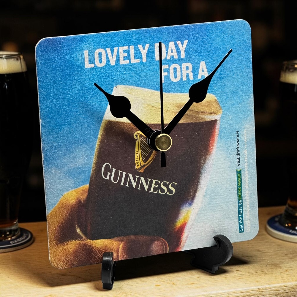 Upcycled Novelty Guinness Beer Mat Clock With Display Stand – Design 32