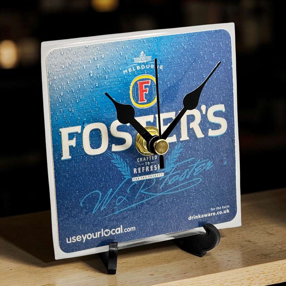 Novelty Beer Mat Clocks With Display Stand – Fosters 06