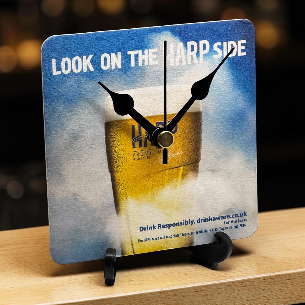 Novelty Beer Mat Clocks With Display Stand – Harp 01