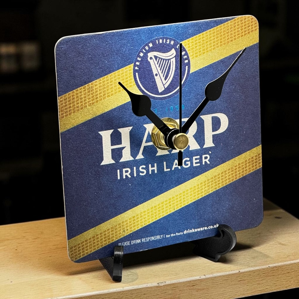 Novelty Beer Mat Clocks With Display Stand – Harp 02