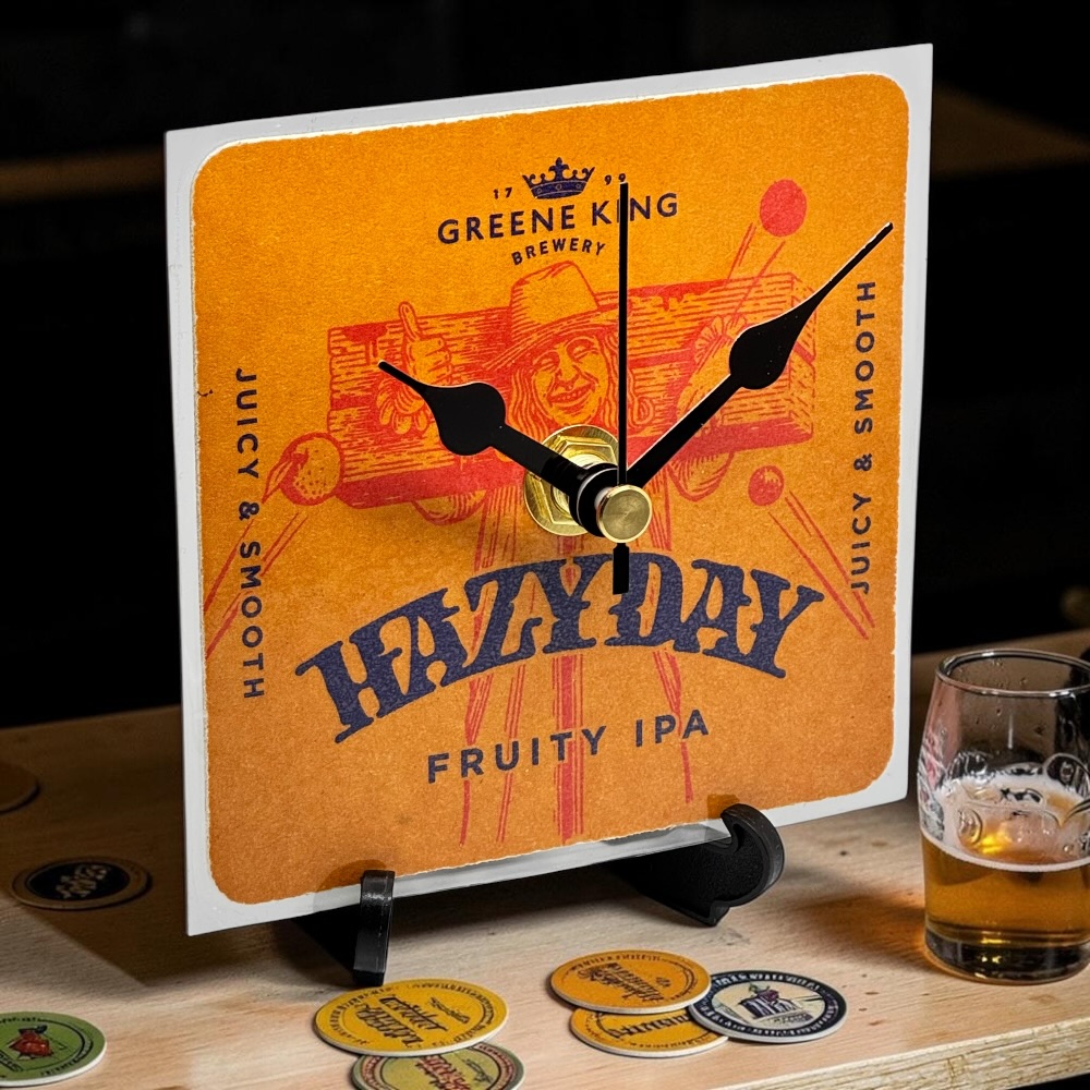 Upcycled Novelty Beer Mat Clock With Display Stand - Green King Hazyday