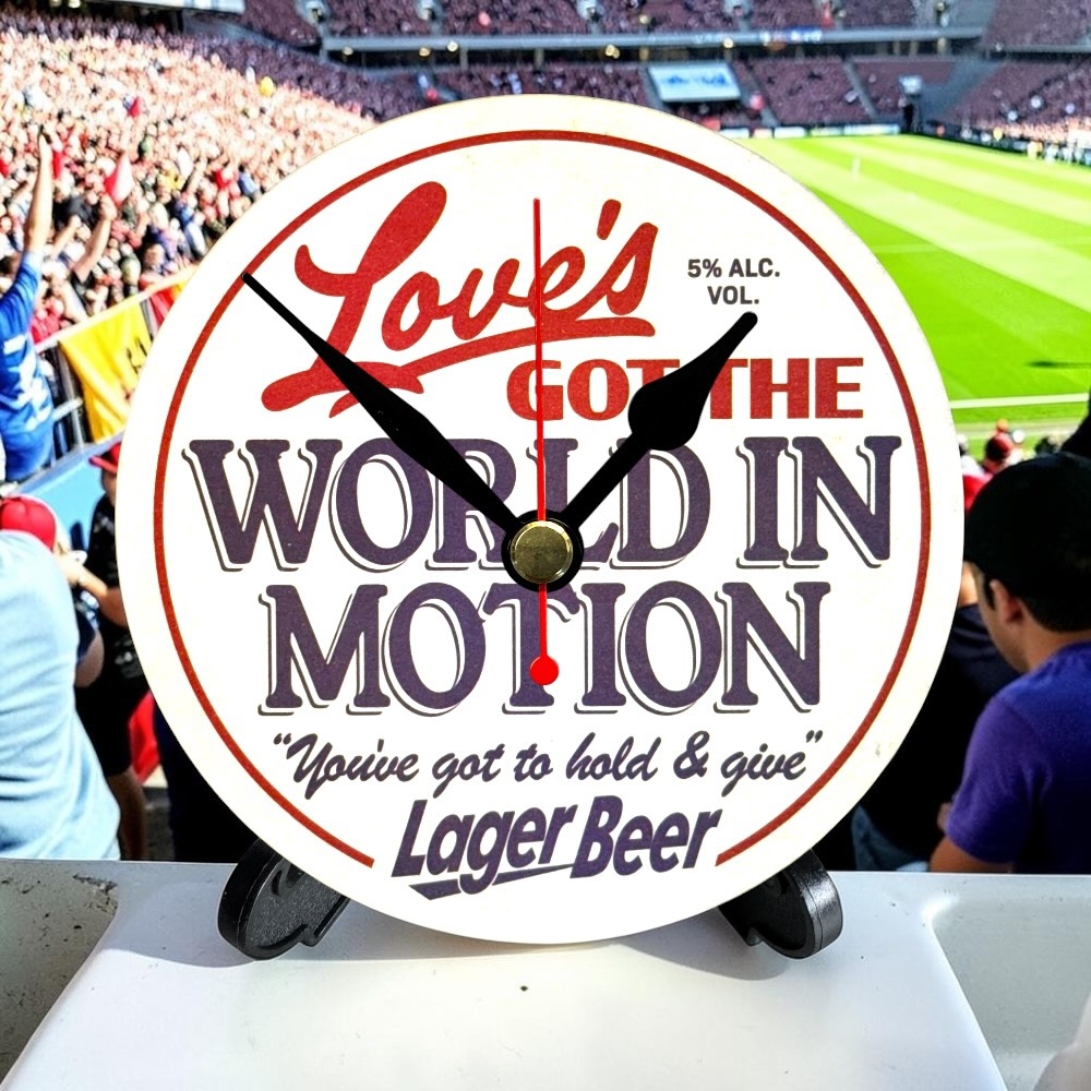 England Novelty Upcycled Beer Mat Clocks With Display Stand – World In Motion