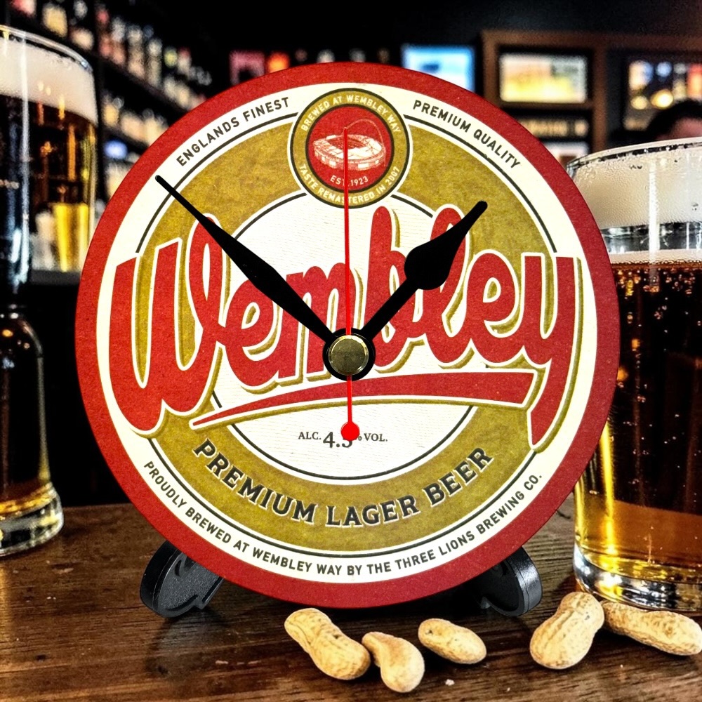 England Novelty Upcycled Beer Mat Clocks With Display Stand – Wembley
