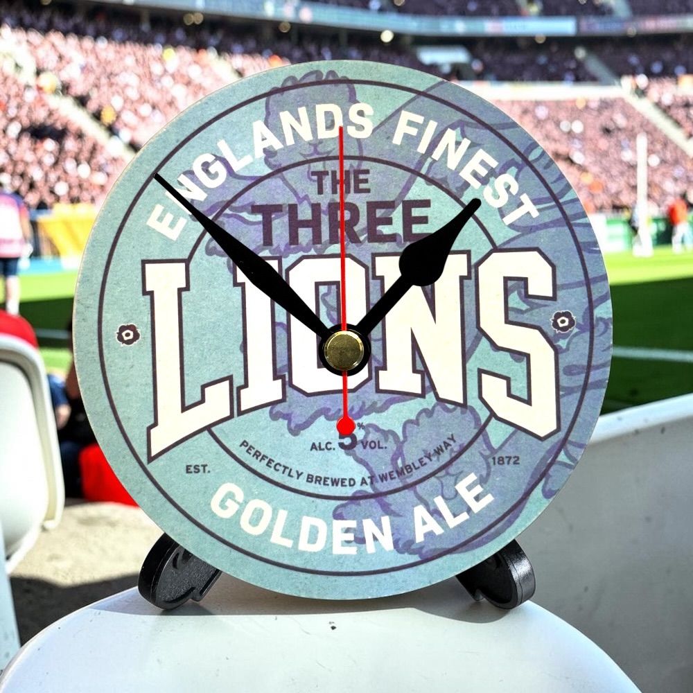England Novelty Upcycled Beer Mat Clocks With Display Stand – The Three Lions