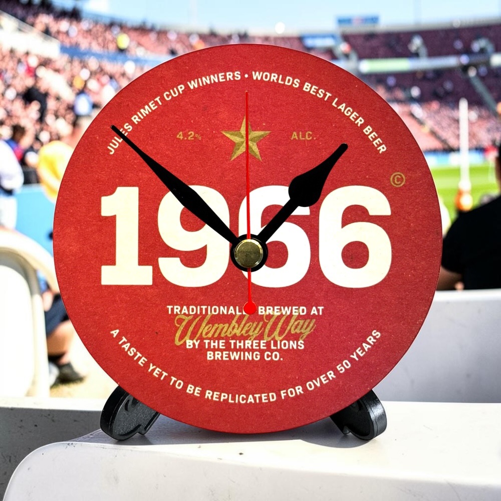 England Novelty Upcycled Beer Mat Clocks With Display Stand – 1966