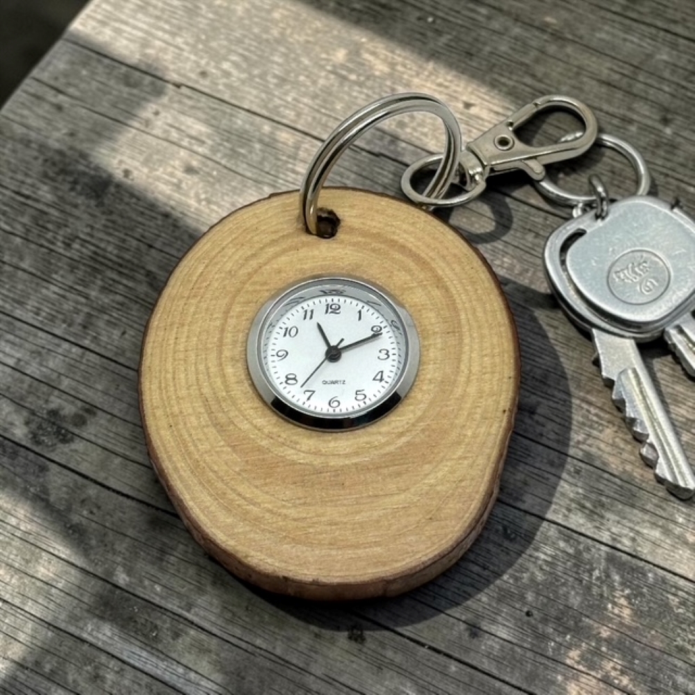 Natural Wooden Clock Keyring - Handmade Using A Pine Wood Slice Cutting