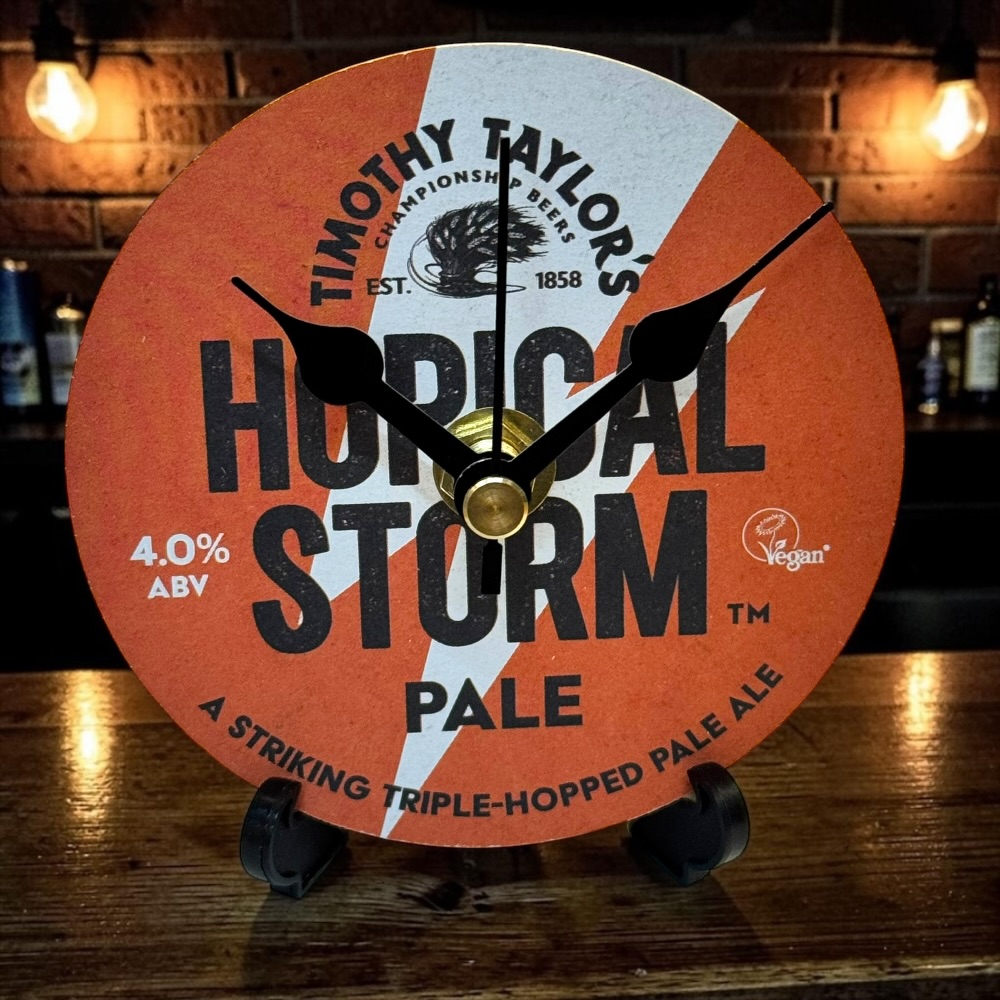 Upcycled Novelty Beer Mat Clock With Display Stand - Hopical Storm
