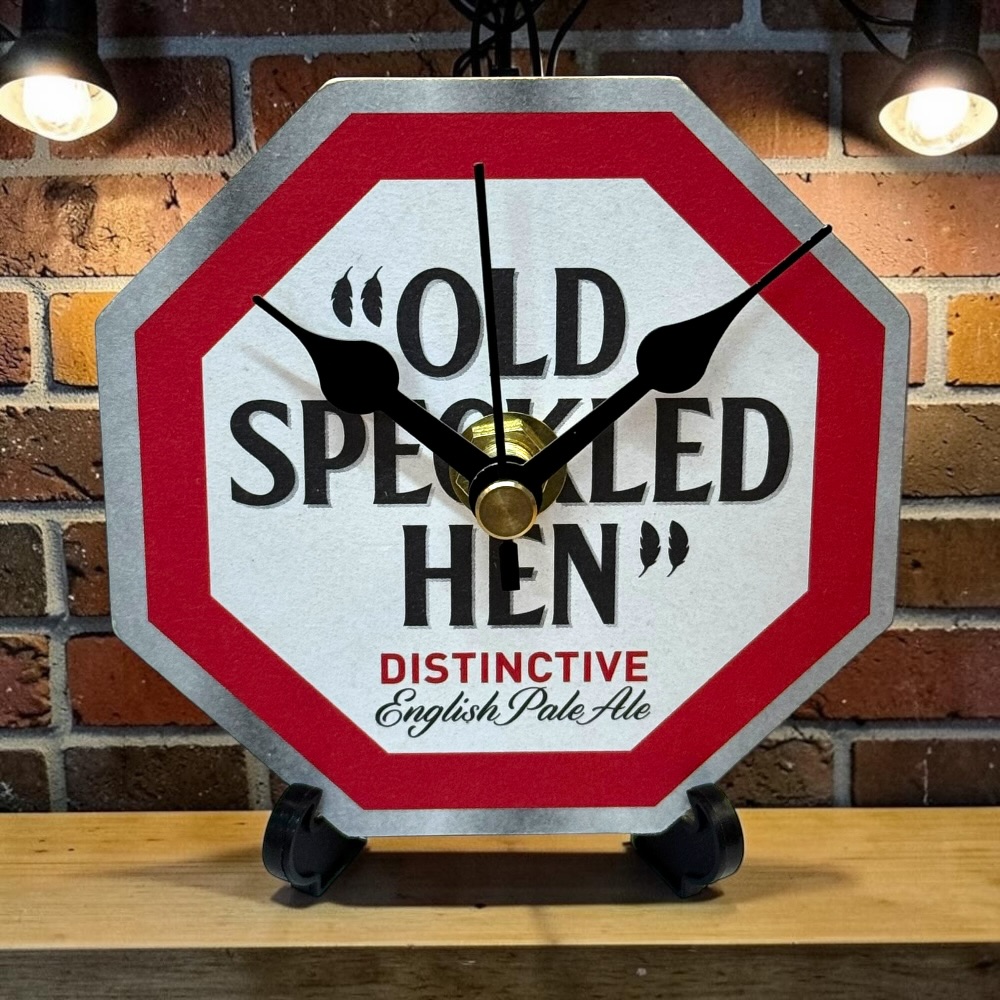 Upcycled Novelty Beer Mat Clock With Display Stand - Old Speckled Hen