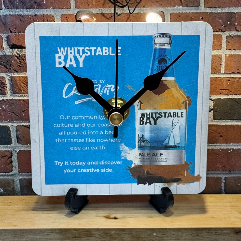 Upcycled Novelty Beer Mat Clock With Display Stand - Whitstable Bay Ale