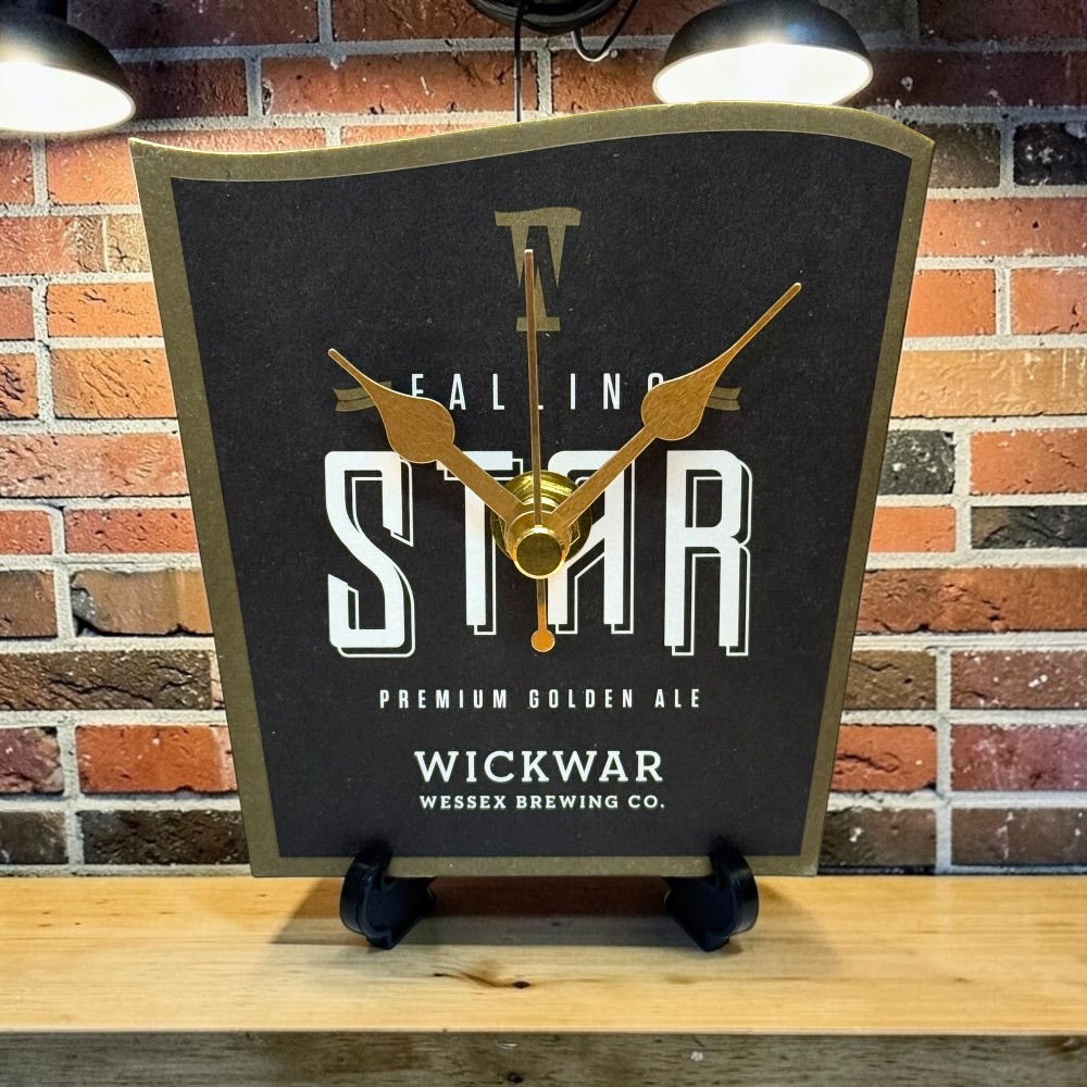 Upcycled Novelty Beer Mat Clock With Display Stand - Falling Star Ale