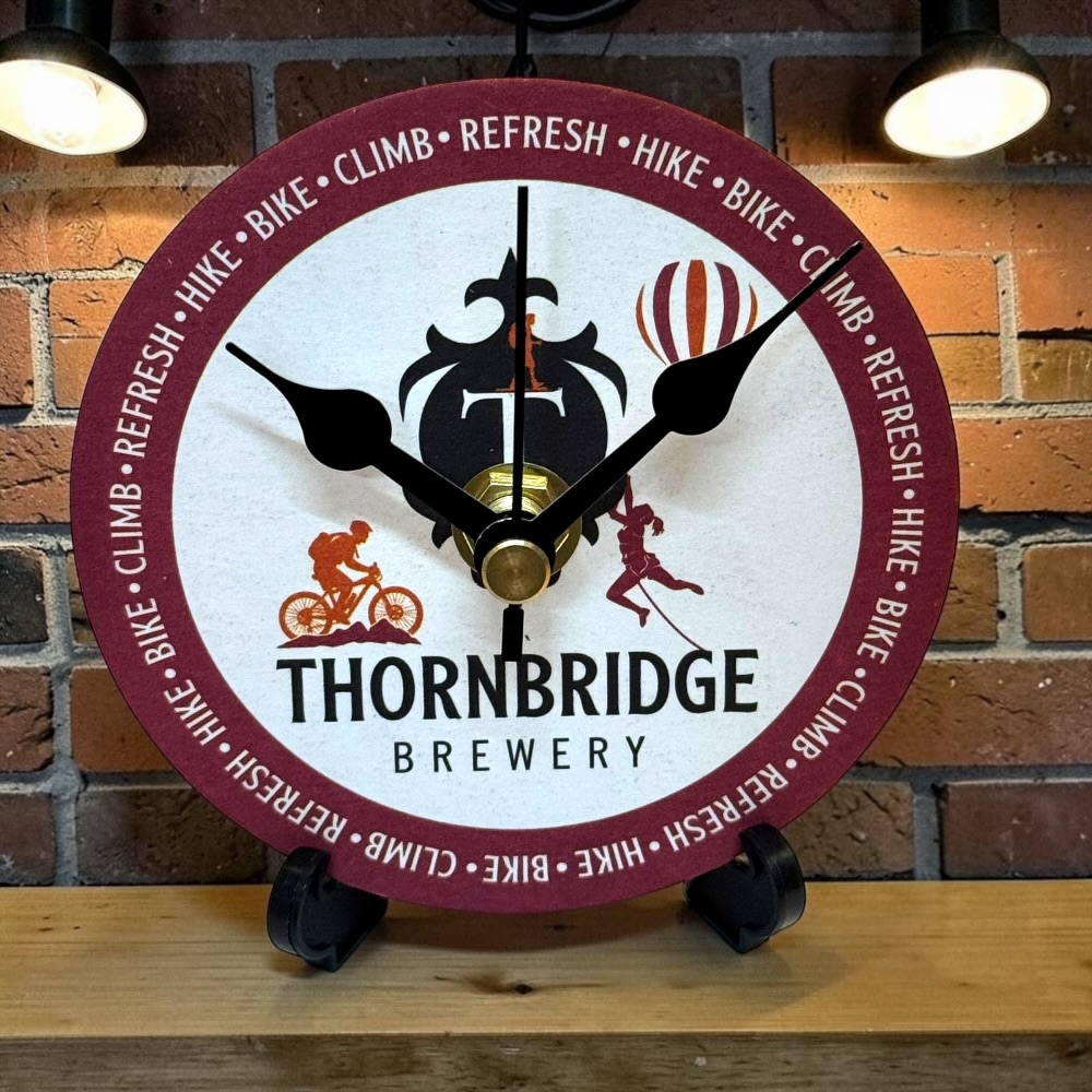Upcycled Novelty Beer Mat Clock With Display Stand - Thornbridge Brewery