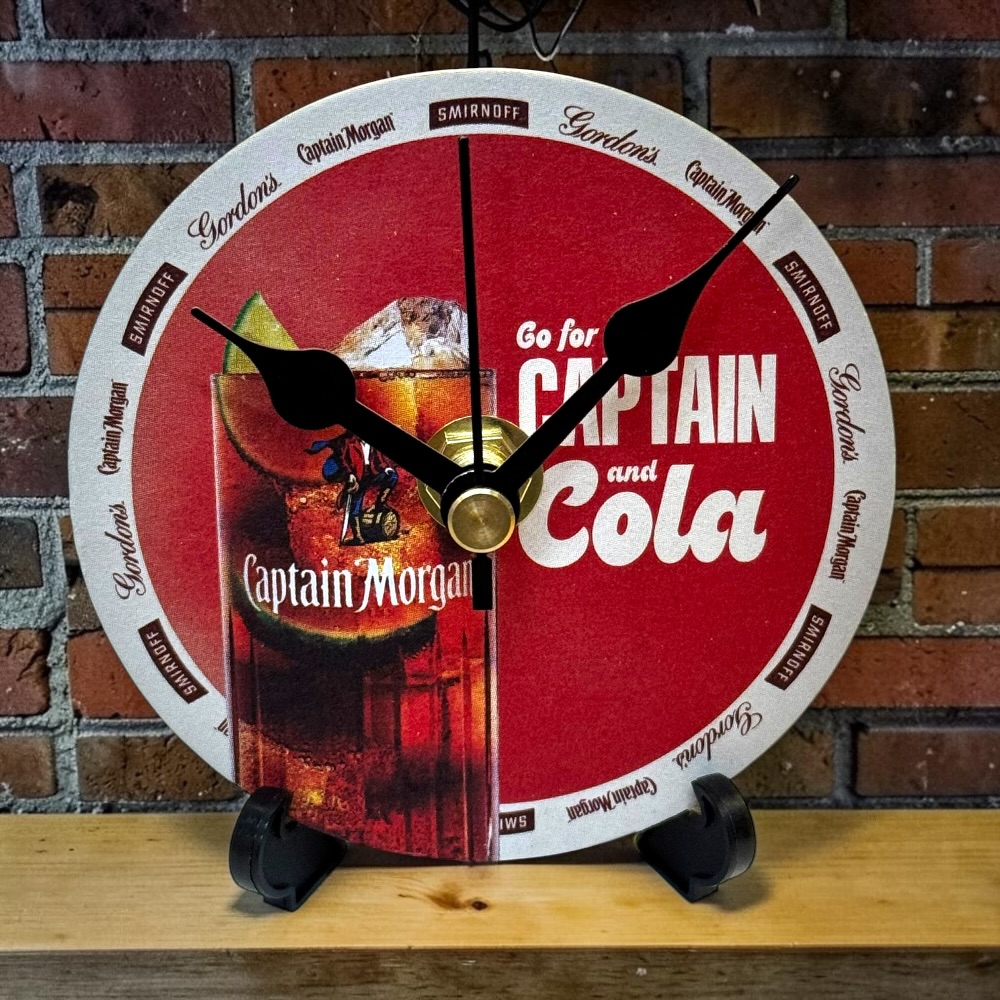 Upcycled Novelty Beer Mat Clock With Display Stand - Captain Morgans With Cola