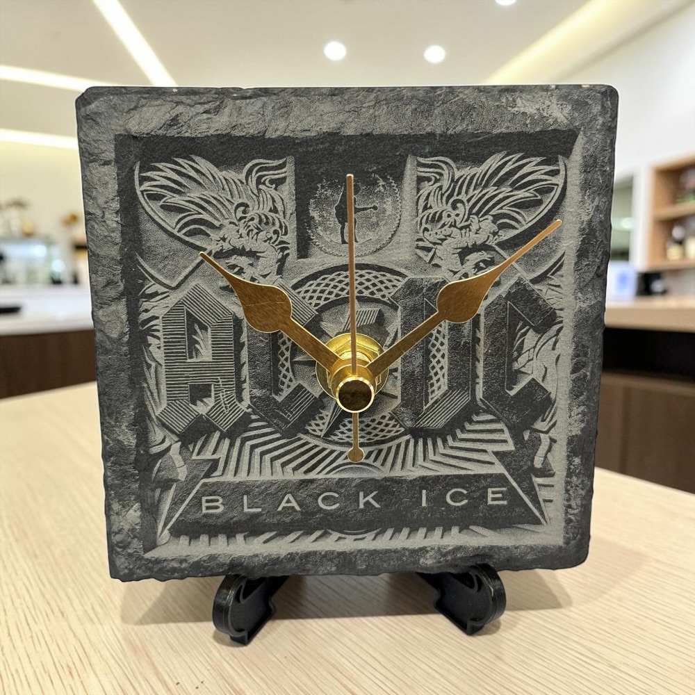 AC DC Handmade Slate-Engraved Desktop Clock With Display Stand