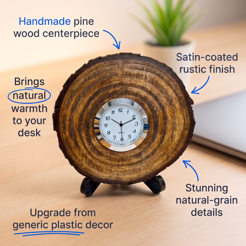 Wooden Desktop Clock - Handmade Using A Pine Wood Slice Cutting - Satin