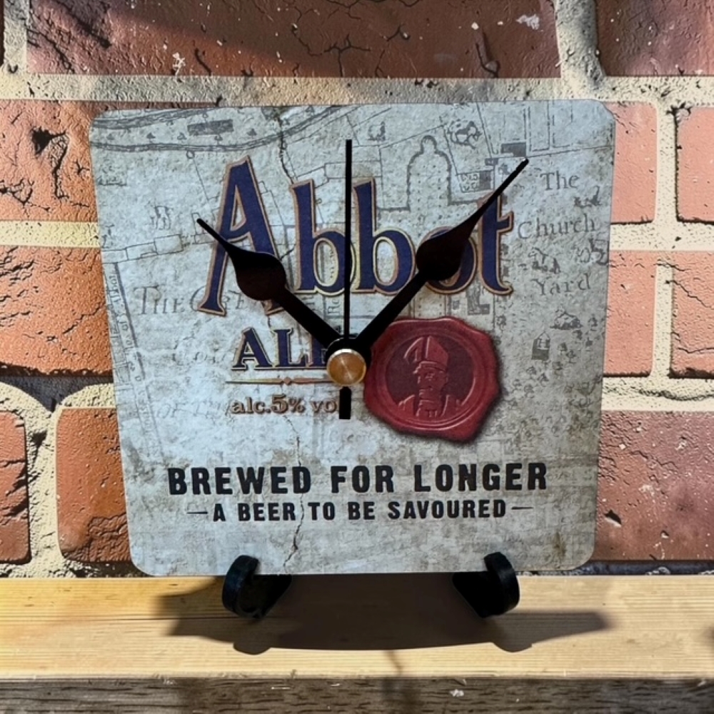 Upcycled Novelty Beer Mat Clock With Display Stand - Abbot Ale