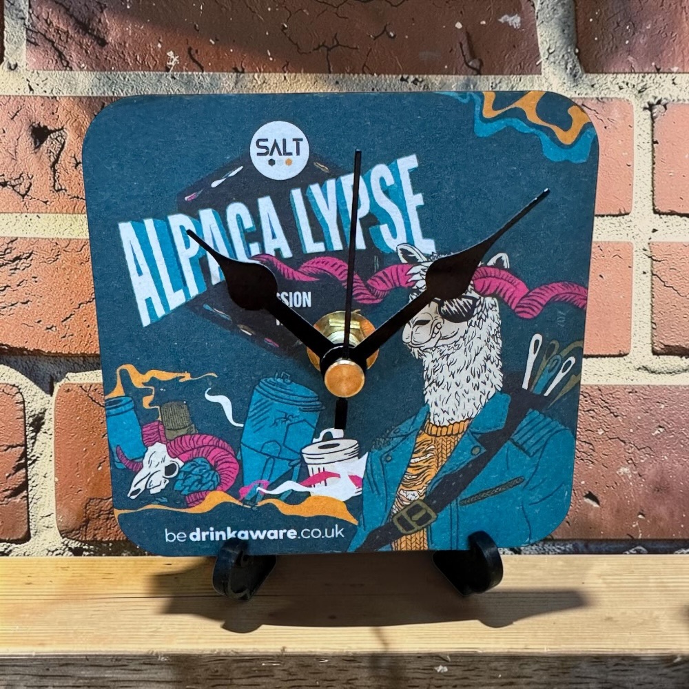 Upcycled Novelty Beer Mat Clock With Display Stand - Alpaca Lypse