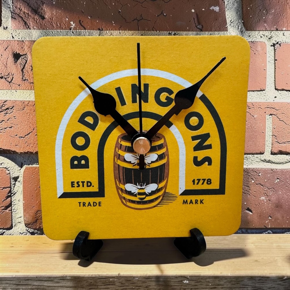 Upcycled Novelty Beer Mat Clock With Display Stand - Boddingtons