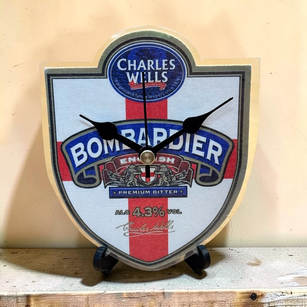 Upcycled Novelty Beer Mat Clock With Display Stand - Bombardier #1