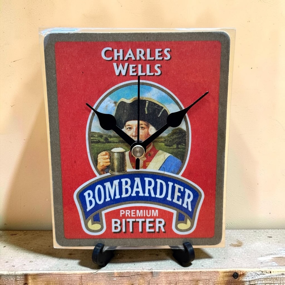 Upcycled Novelty Beer Mat Clock With Display Stand - Bombardier #2