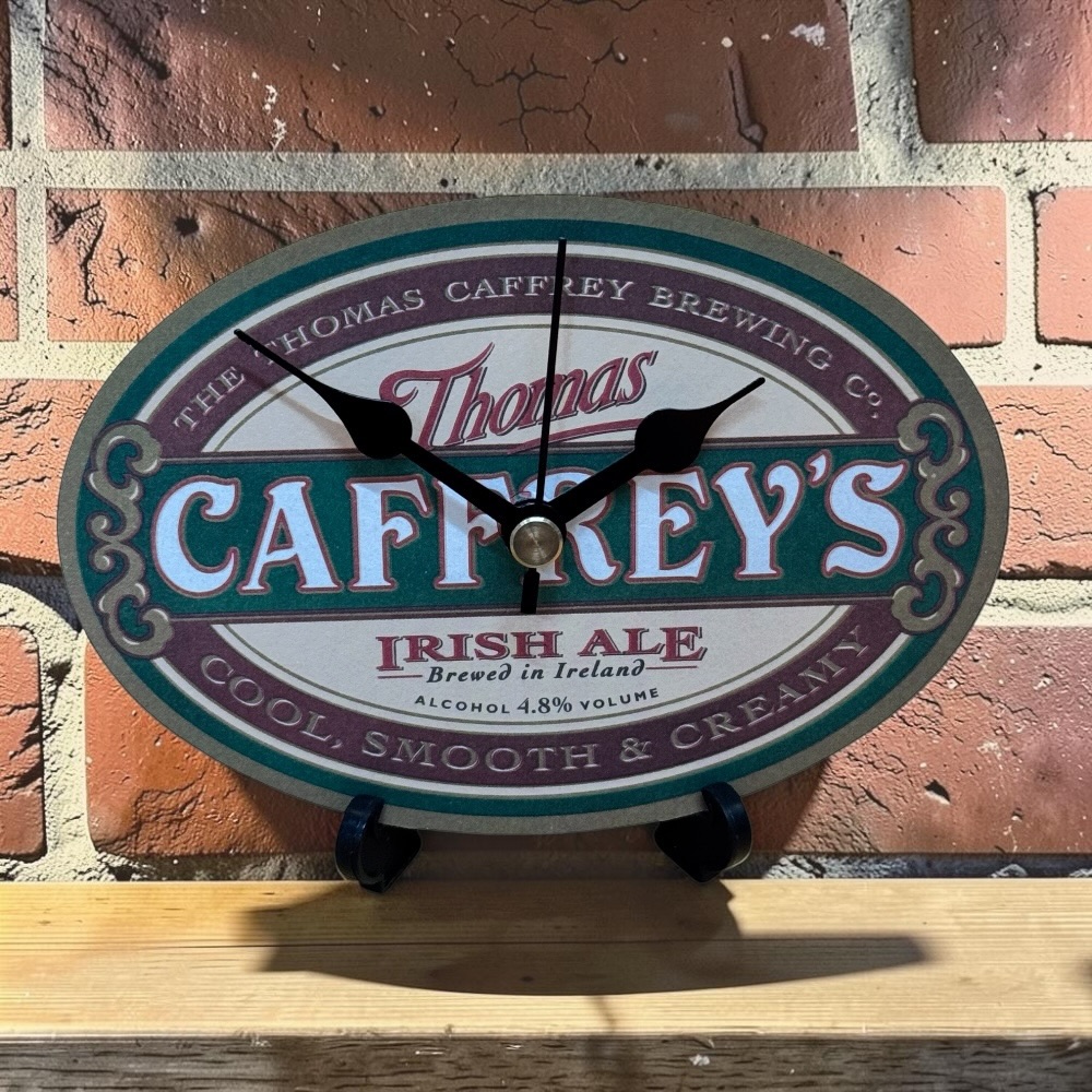 Upcycled Novelty Beer Mat Clock With Display Stand - Caffrey's Irish Ale #1