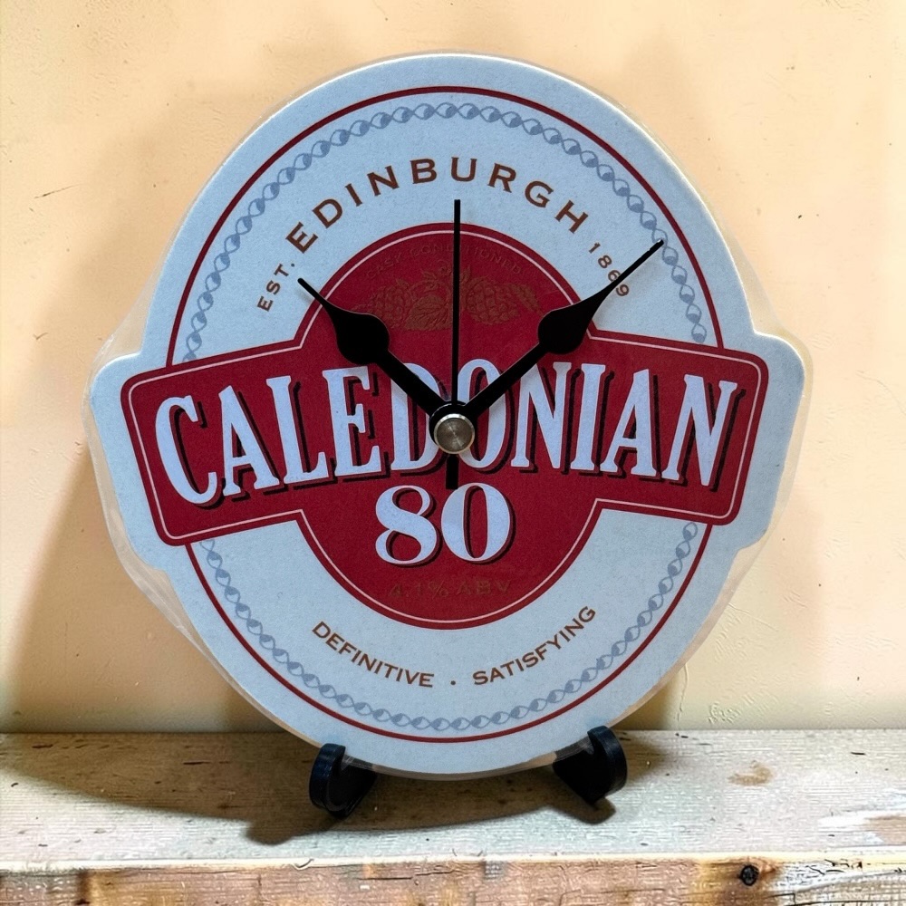 Upcycled Novelty Beer Mat Clock With Display Stand - Caledonian 80