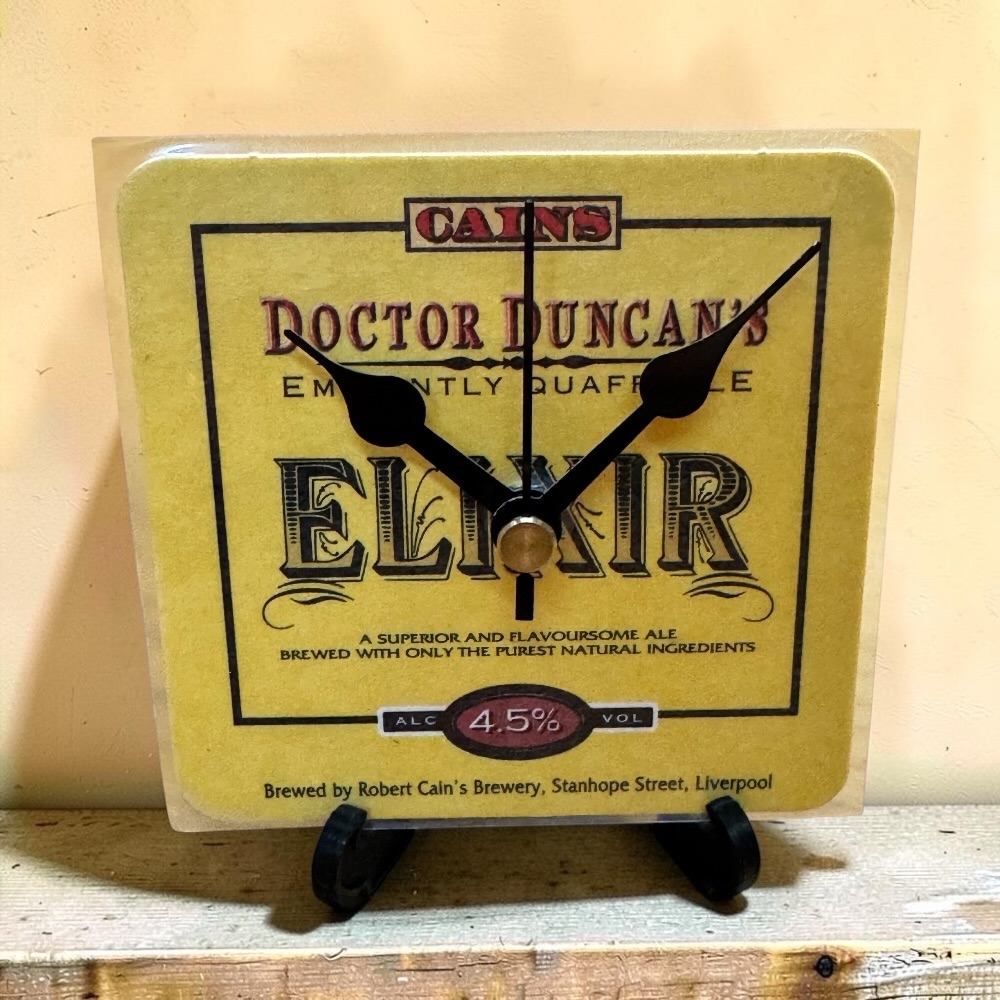 Upcycled Novelty Beer Mat Clock With Display Stand - Elixir