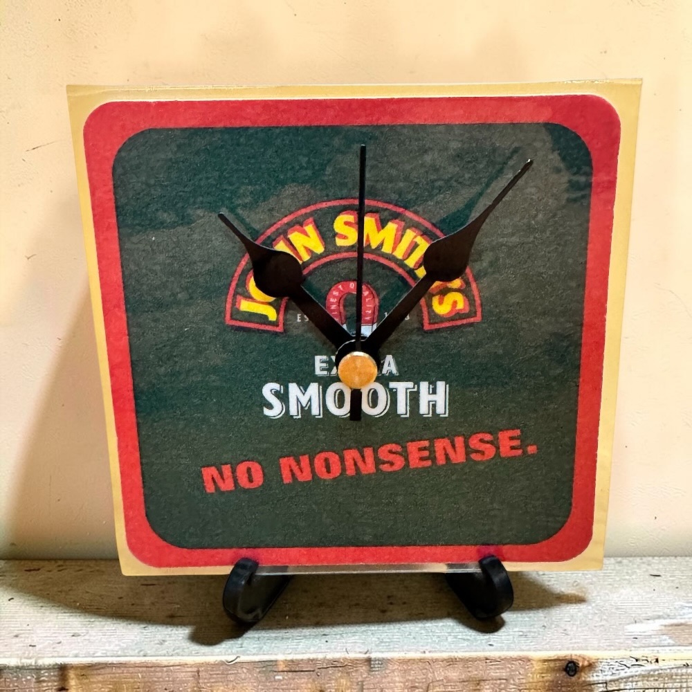 Upcycled Novelty Beer Mat Clock With Display Stand - John Smiths Design 1