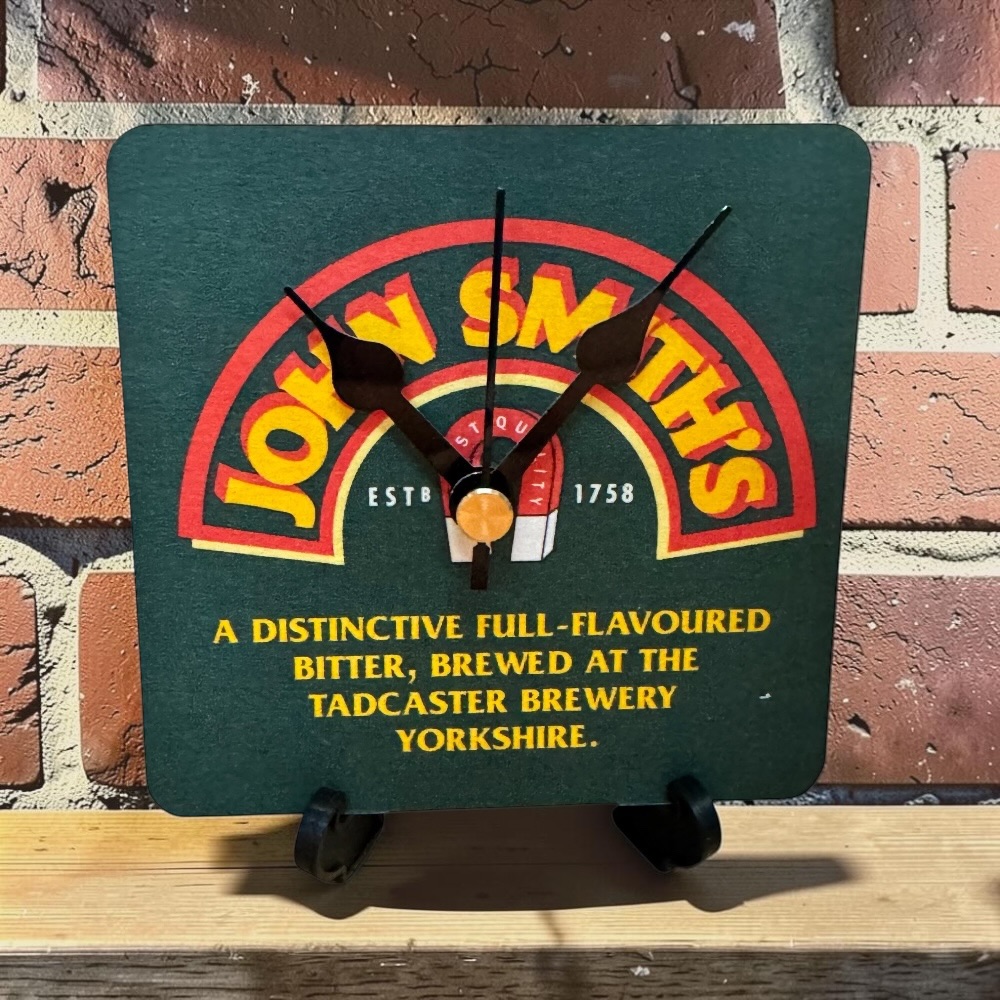 Upcycled Novelty Beer Mat Clock With Display Stand - John Smiths Design 3