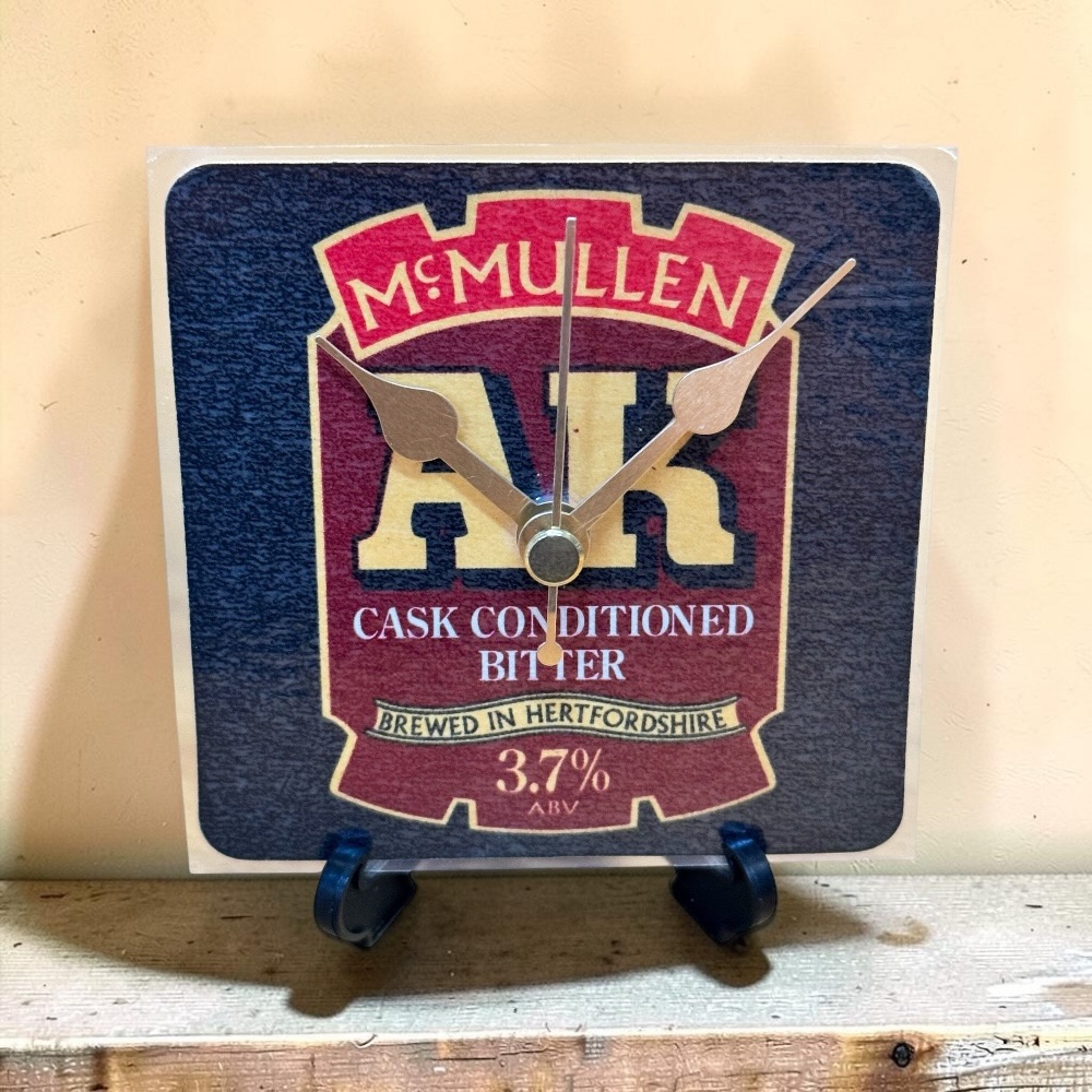 Upcycled Novelty Beer Mat Clock With Display Stand - McMullen AK Design 1