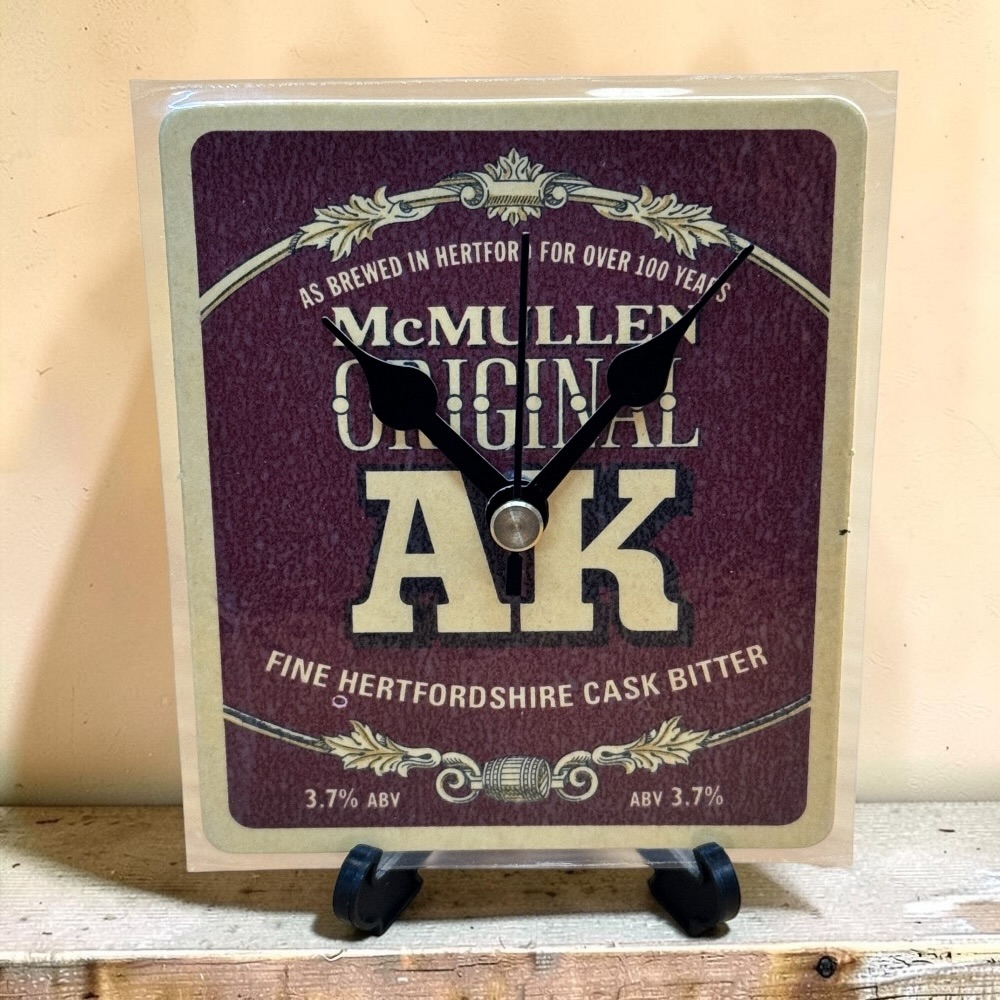 Upcycled Novelty Beer Mat Clock With Display Stand - McMullen AK Design 3