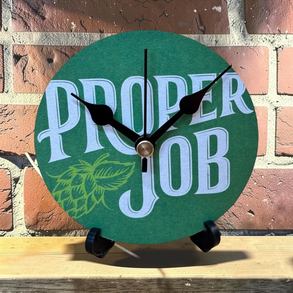 Upcycled Novelty Beer Mat Clock With Display Stand - Proper Job
