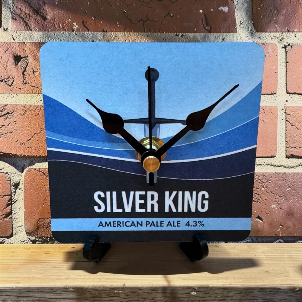 Upcycled Novelty Beer Mat Clock With Display Stand - Silver King
