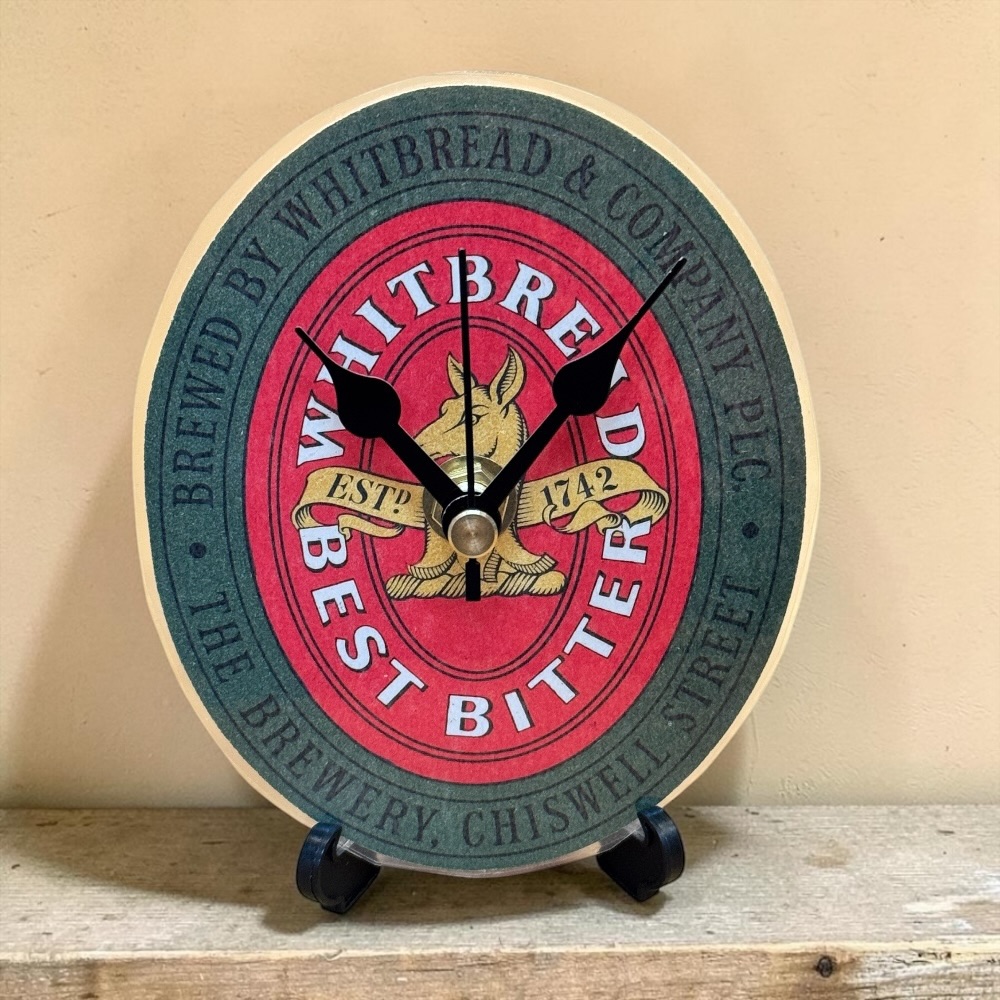 Upcycled Novelty Beer Mat Clock With Display Stand - Whitbread Design 1