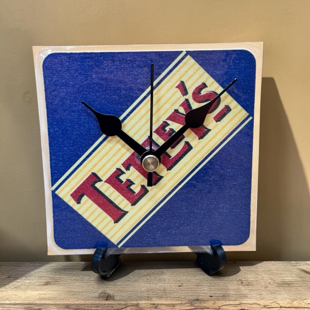 Upcycled Novelty Beer Mat Clock With Display Stand - Tetleys Design 1