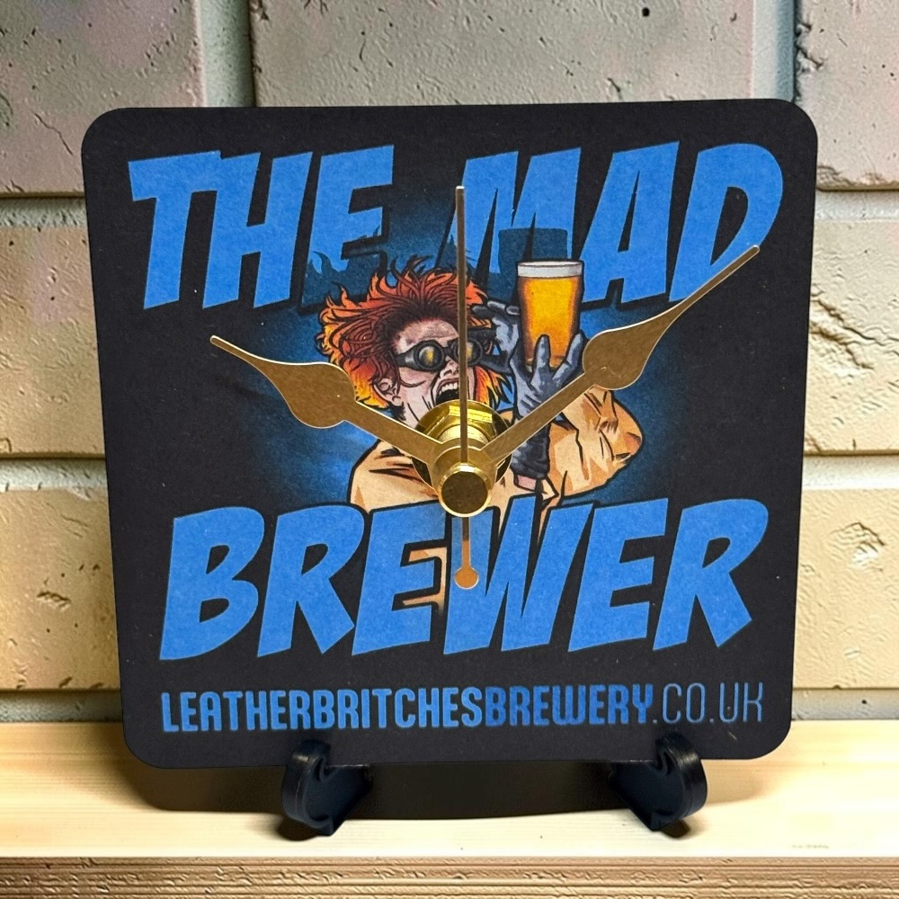 Upcycled Novelty Beer Mat Clock With Display Stand - Leatherbritches Brewery