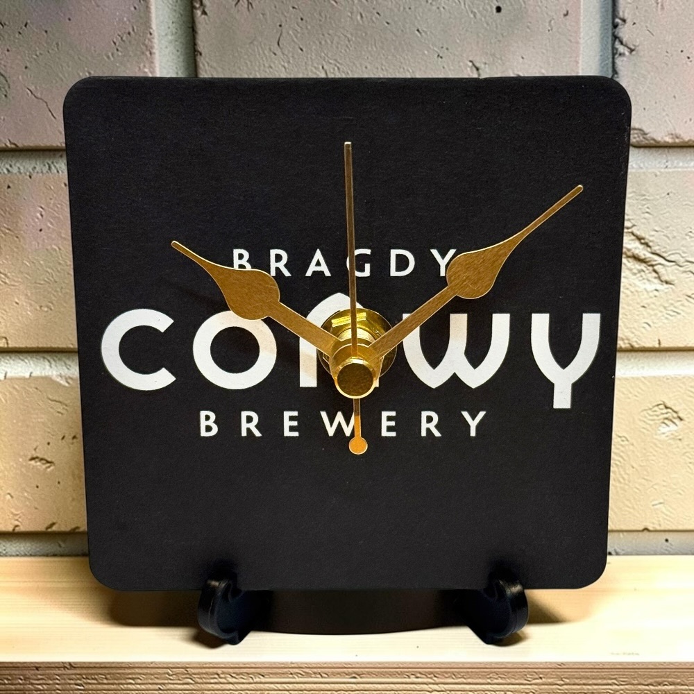 Upcycled Novelty Beer Mat Clock With Display Stand - Bragdy Conwy Brewery