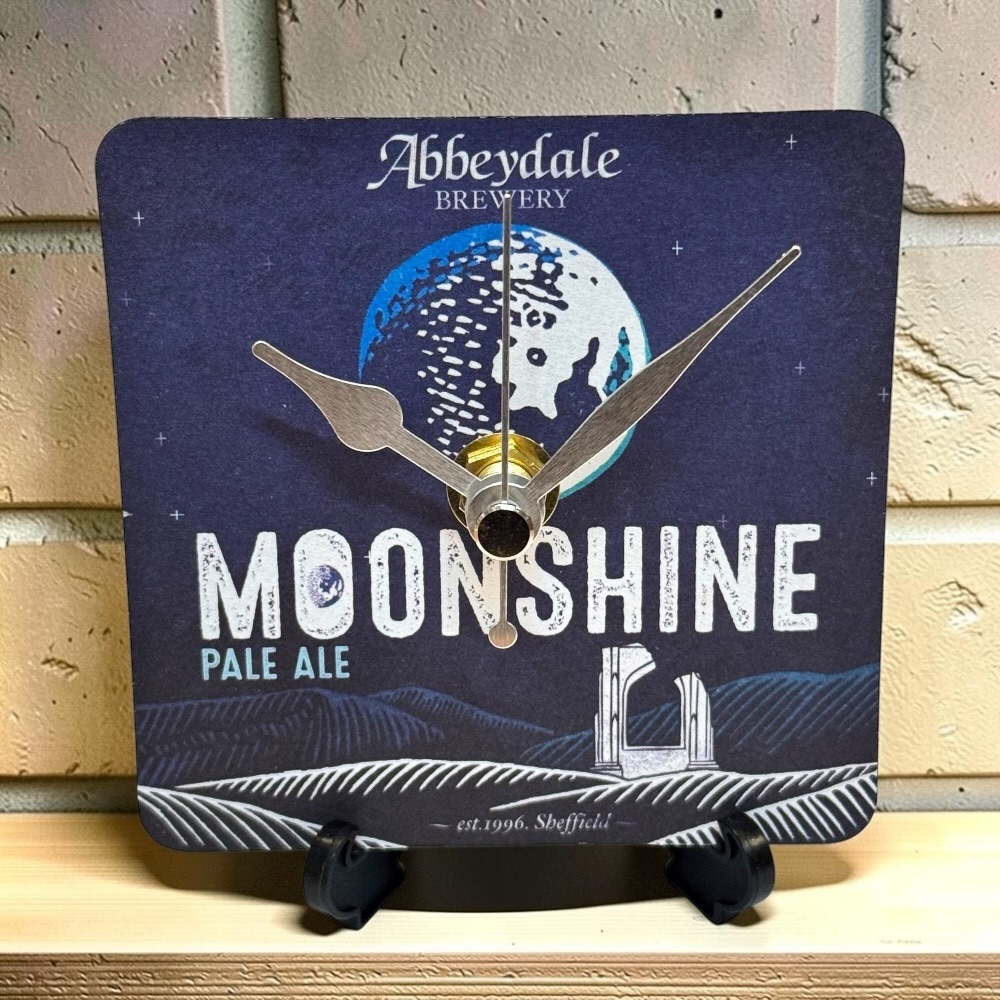 Upcycled Novelty Beer Mat Clock With Display Stand - Moonshine