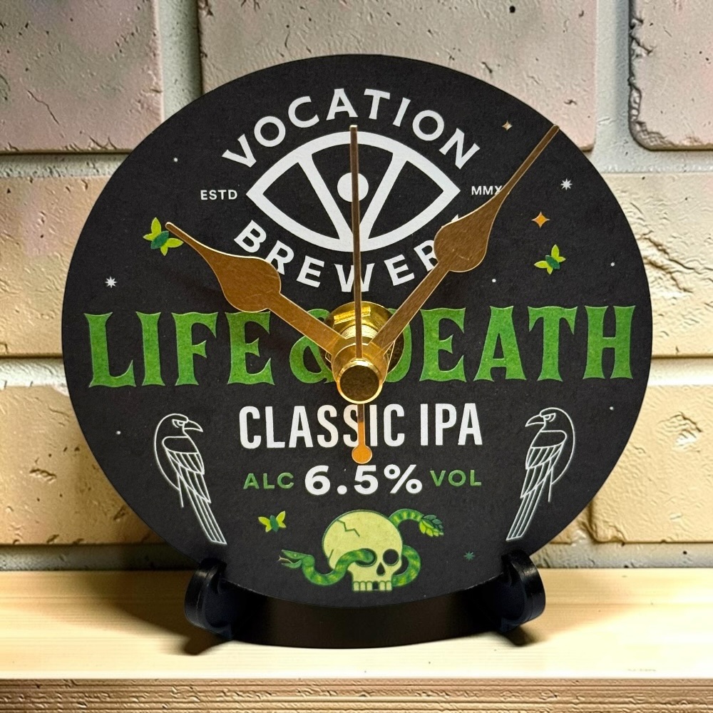 Upcycled Novelty Beer Mat Clock With Display Stand - Life And Death IPA