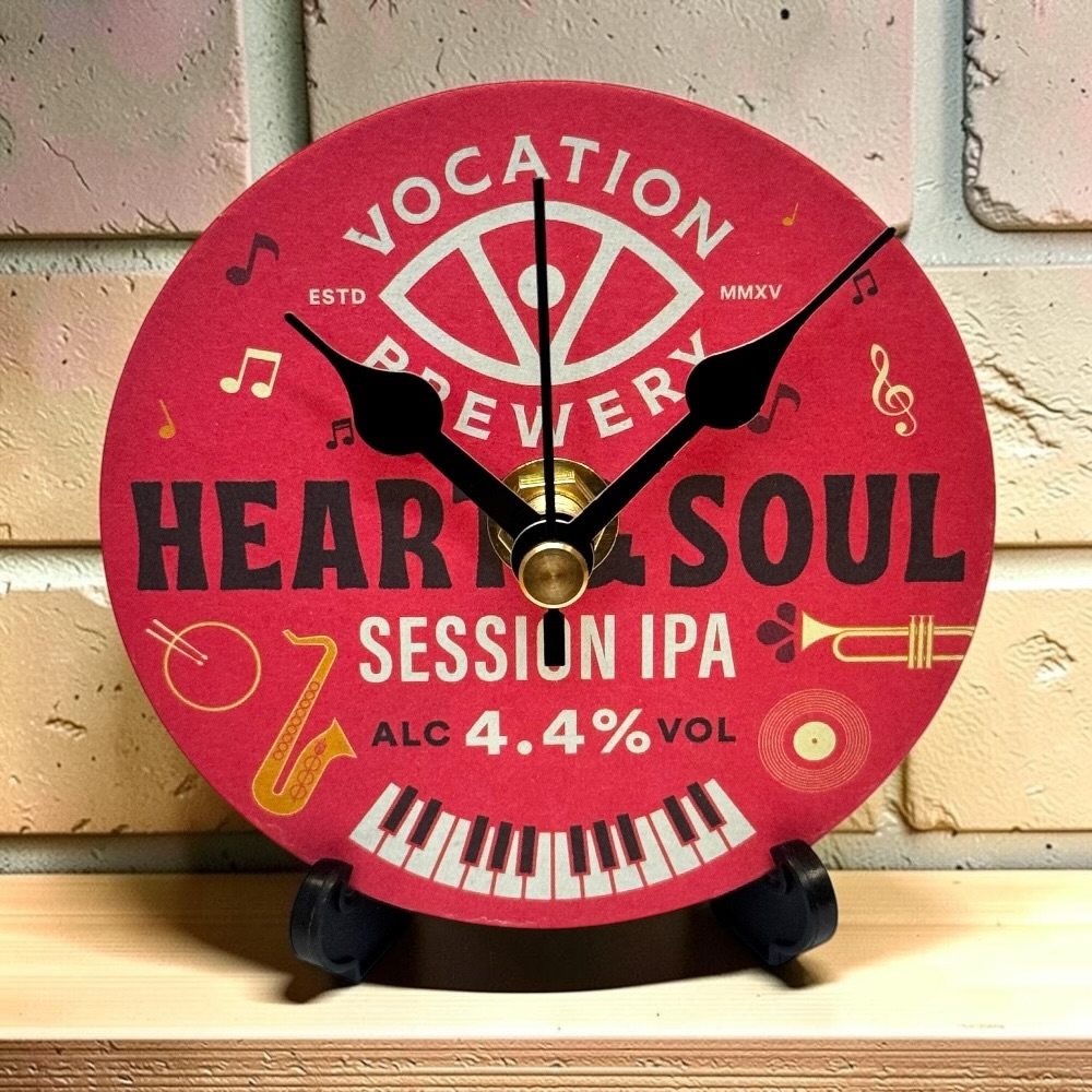 Upcycled Novelty Beer Mat Clock With Display Stand - Heart And Soul IPA