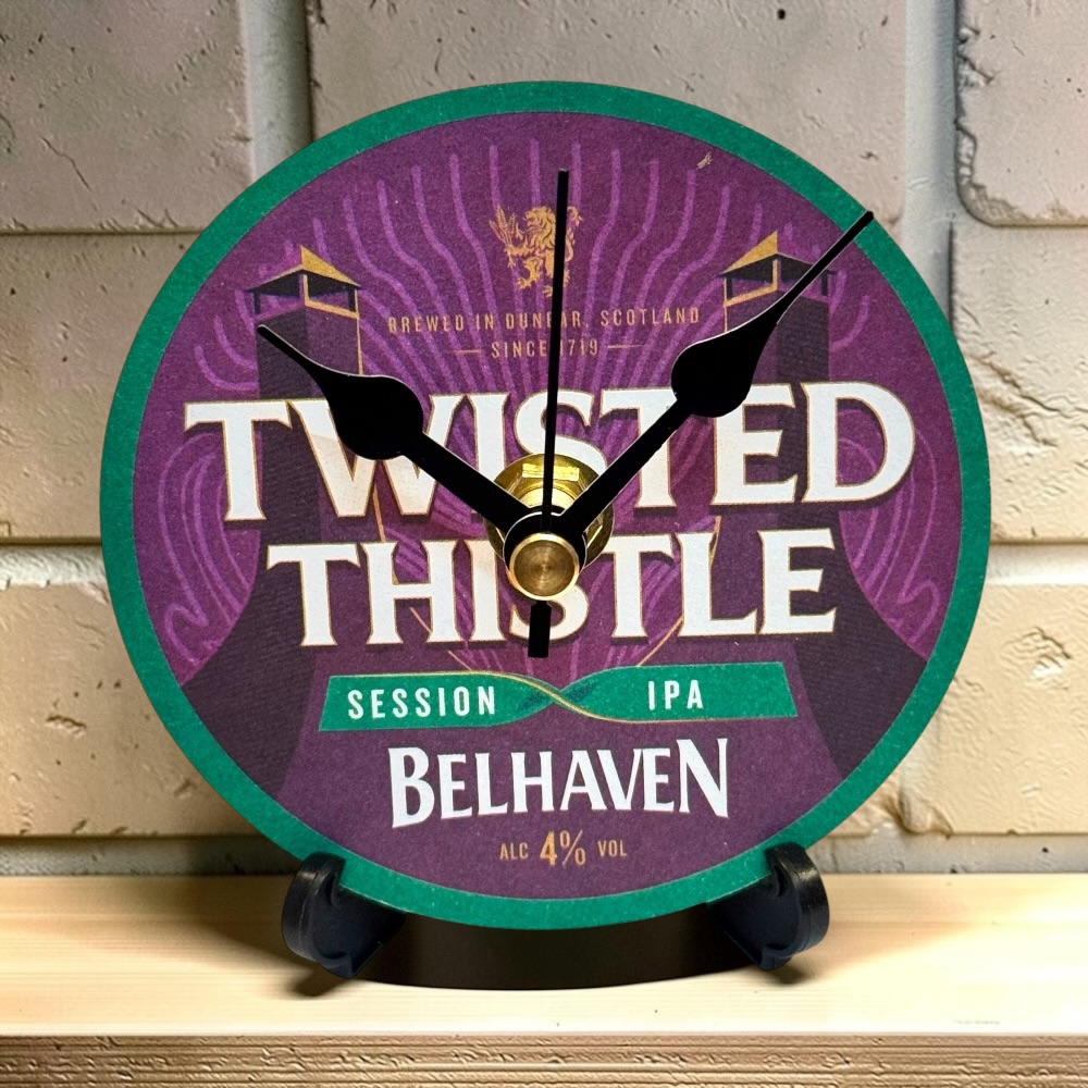 Upcycled Novelty Beer Mat Clock With Display Stand - Twisted Thistle IPA