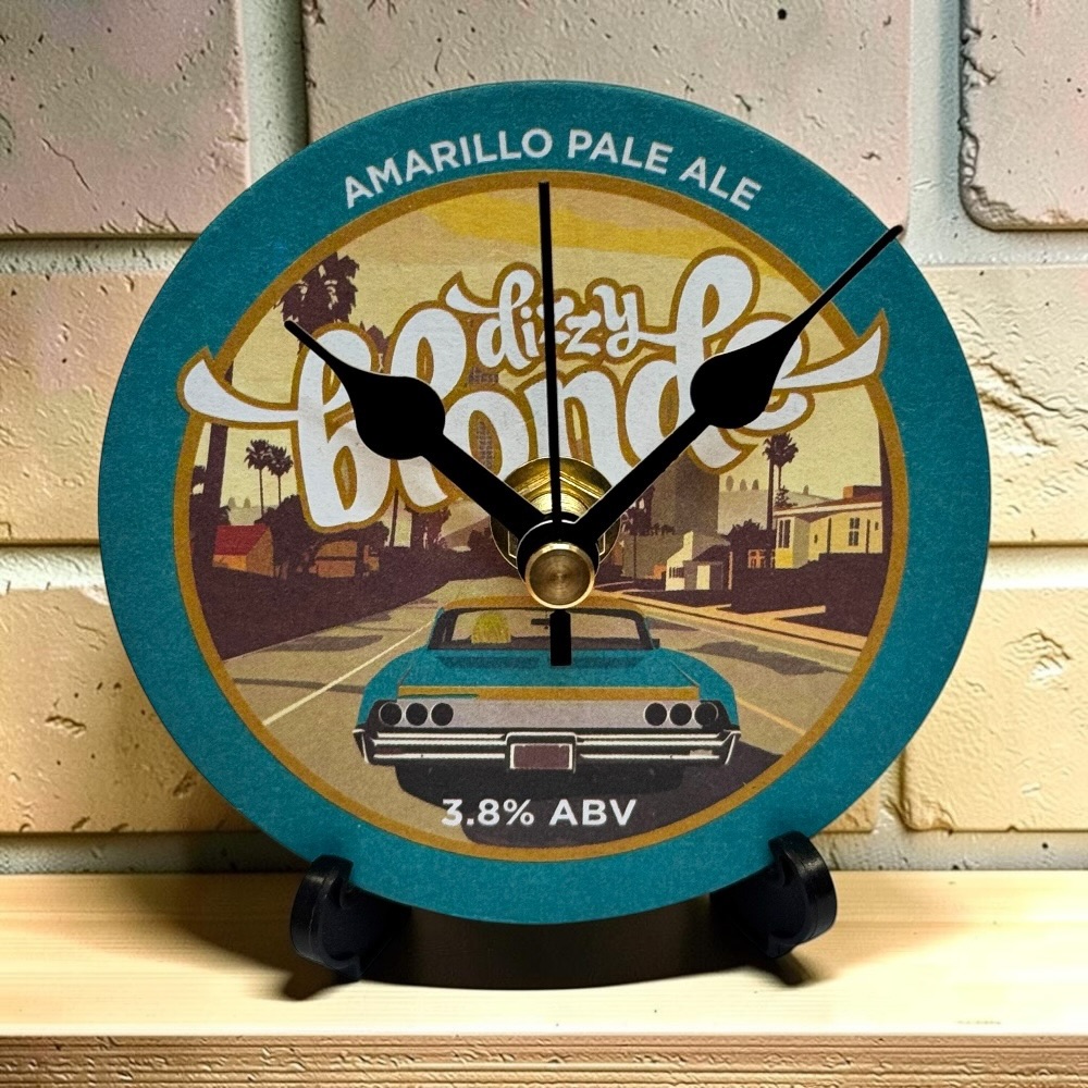 Upcycled Novelty Beer Mat Clock With Display Stand - Dizzy Blonde