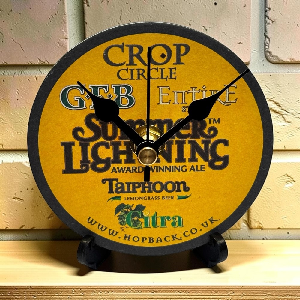 Upcycled Novelty Beer Mat Clock With Display Stand - Summer Lightning