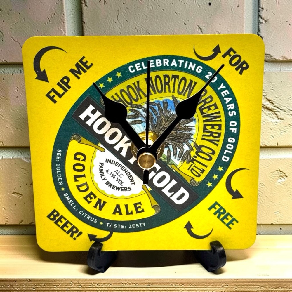 Upcycled Novelty Beer Mat Clock With Display Stand - Hooky Gold