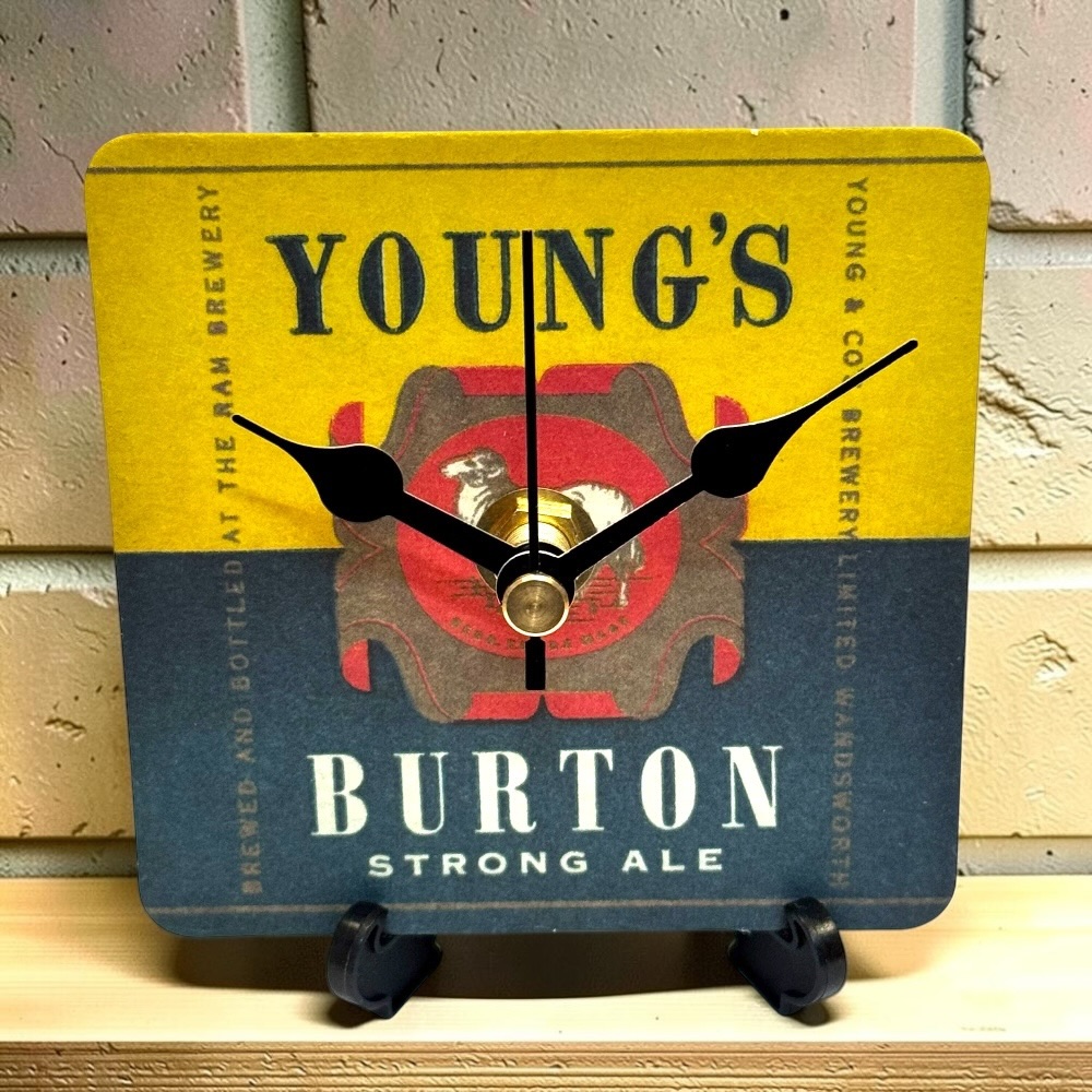Upcycled Novelty Beer Mat Clock With Display Stand - Young's Burton Strong Ale