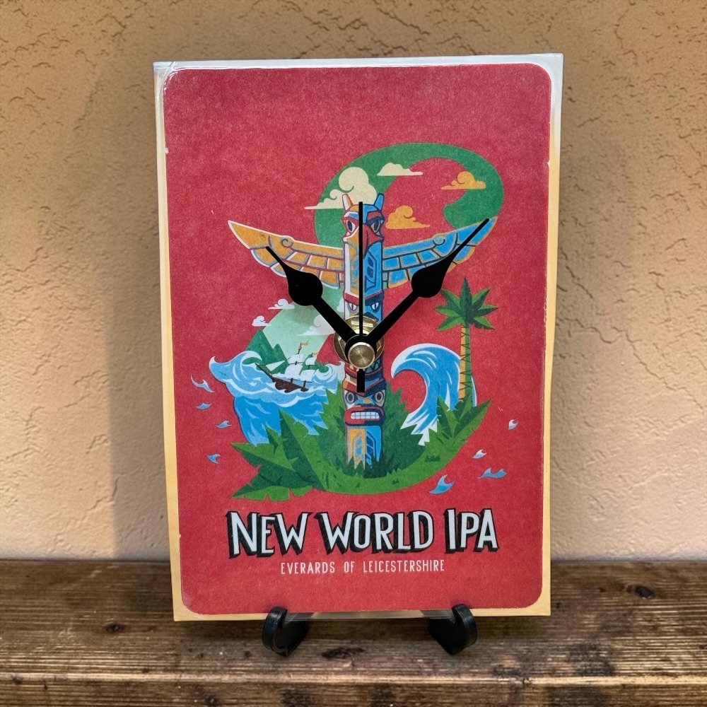 Upcycled Novelty Beer Mat Clock With Display Stand - New World IPA
