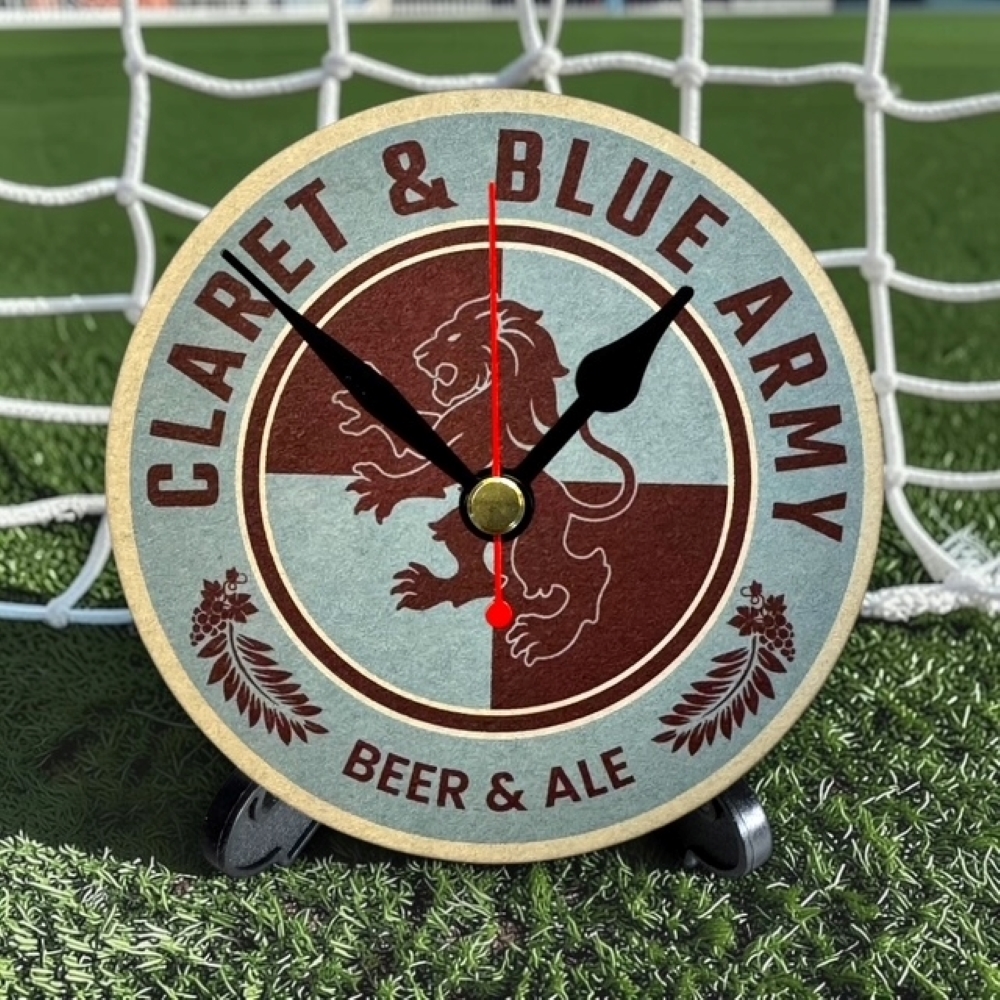 Aston Villa Novelty Upcycled Beer Mat Clocks With Display Stand – Claret & Blue Army